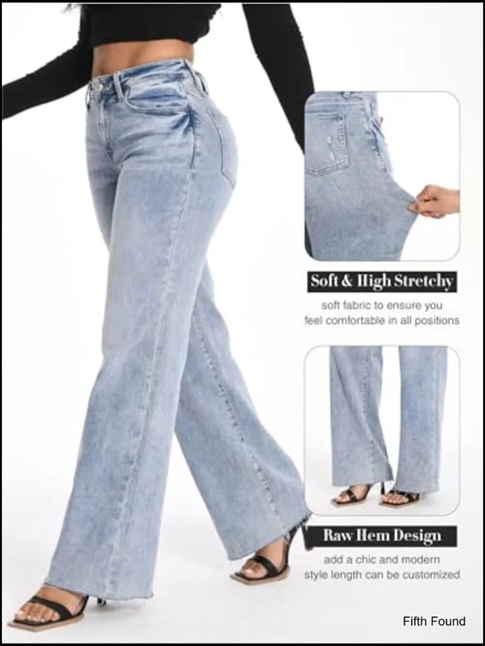 High Waisted Wide Leg Baggy Jeans Stretchy Tummy Control Raw Hem Casual Denim